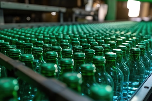 Bebidas enchidas em garrafas ao longo da linha de produção
