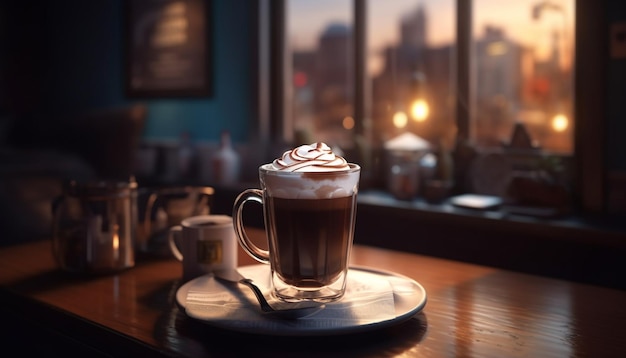 Bebidas espumosas em mesa de madeira ambiente de café gerado por inteligência artificial