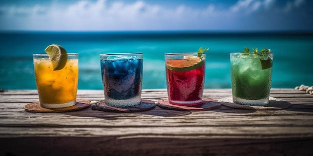 Bebidas exóticas na mesa de madeira na praia tropical