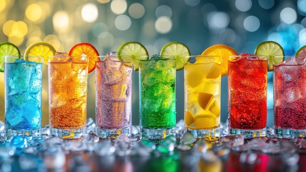 Foto bebidas de fiesta coloridas con burbujas y fondo bokeh