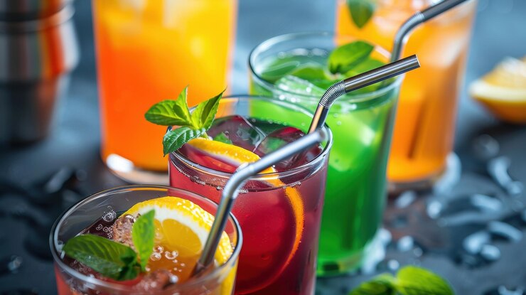 Bebidas frescas con pajitas de menta y acero