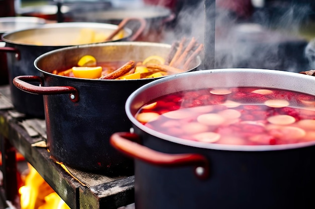 Bebidas frutas y bayas vino caliente caliente en ollas con vapor en el mercado de comida callejera IA generativa