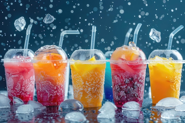 Bebidas de frutas congeladas con tapa y pajitas en hielo