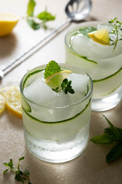 Bebidas geladas com pepino, limão e gelo. Limonada refrescante de verão.