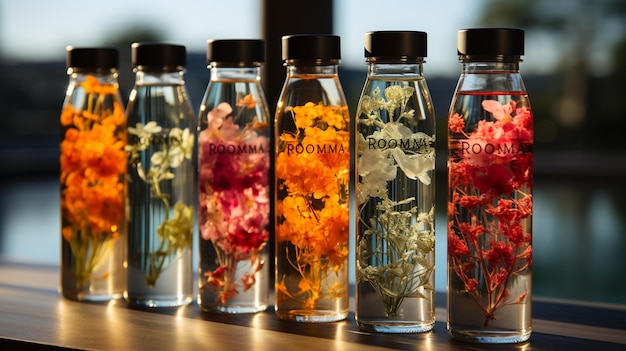Foto bebidas innovadoras en botellas de vidrio enriquecidas con fibra dietética refrescos vivos naturales calmantes aguas botánicas aguas espumosas prebióticas