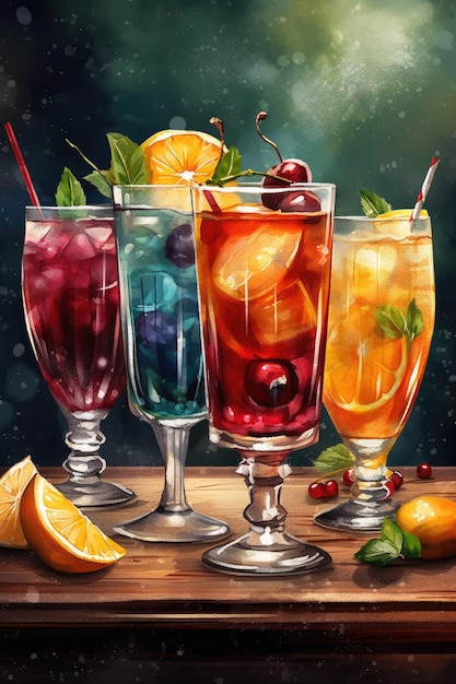 Las bebidas de jugo de colores brillantes se colocan en la mesa