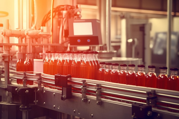 Bebidas llenadas en botellas a lo largo de la línea de producción