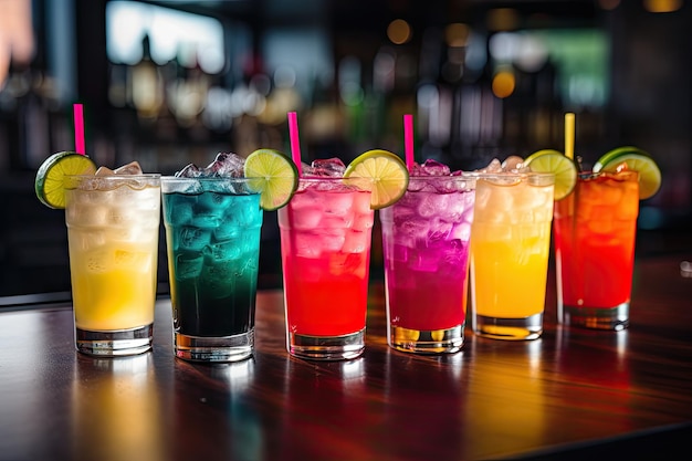 Bebidas mezcladas de colores vibrantes expuestas en la mesa de un restaurante