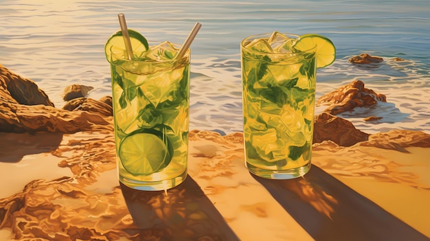 Bebidas mojito en la playa Generado por IA