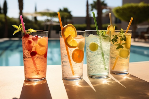 Bebidas refrescantes à beira da piscina Uma coleção de quatro IA