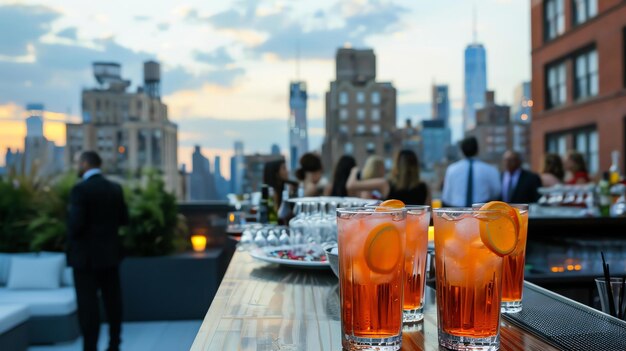 Foto bebidas refrescantes en un bar en la azotea con un horizonte de la ciudad en el fondo