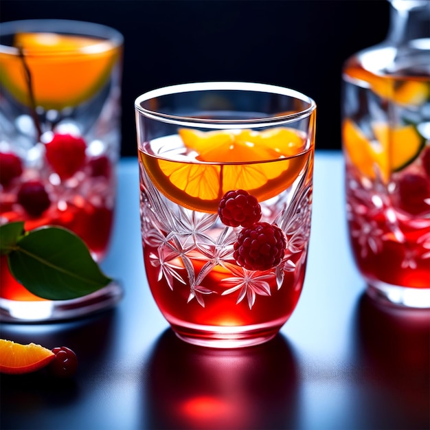 Bebidas refrescantes con infusión de frutas en jarras de vidrio en la mesa