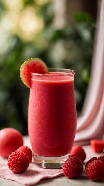 Foto bebidas saludables sandía y batidos de frambuesa sobre fondo de madera blanca