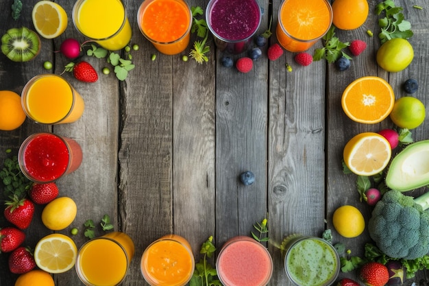 Foto bebidas saudáveis feitas de frutas e legumes frescos em uma mesa de madeira rústica