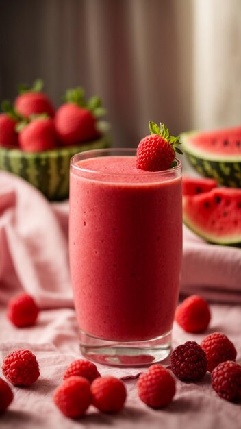 Foto bebidas saudáveis melancia e framboesa smoothies em fundo de madeira branca