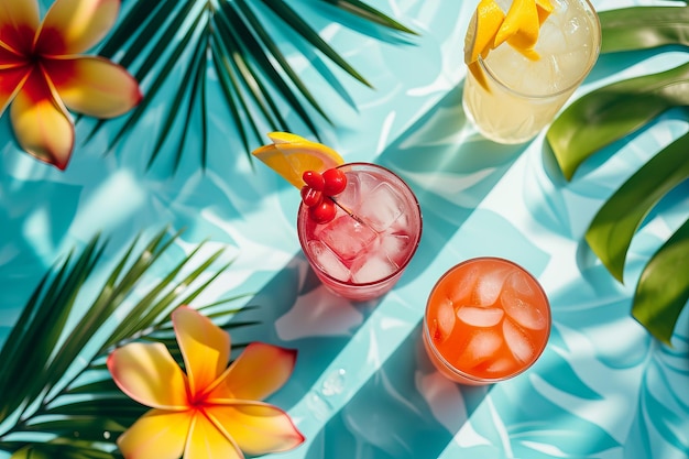 Bebidas tropicais com sombras de palmeiras e flores de frangipani em um fundo azul ensolarado
