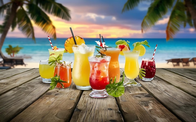 Bebidas tropicais em um bar de praia ao ar livre de madeira ilustração de alta qualidade