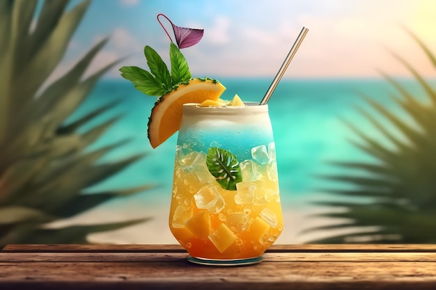 Bebidas tropicais frescas com gelo e frutas Generative AI