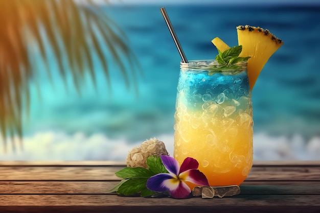 Bebidas tropicais frescas com gelo e frutas Generative AI