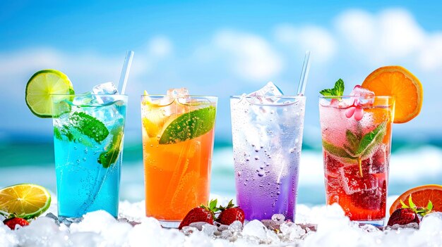 Foto bebidas tropicales coloridas en la playa con cielo azul y fondo marino ilustración generada por ia