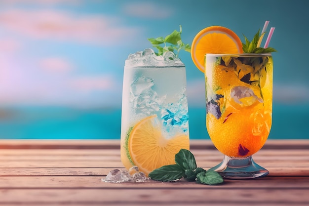 Bebidas tropicales frescas con hielo y frutas IA generativa