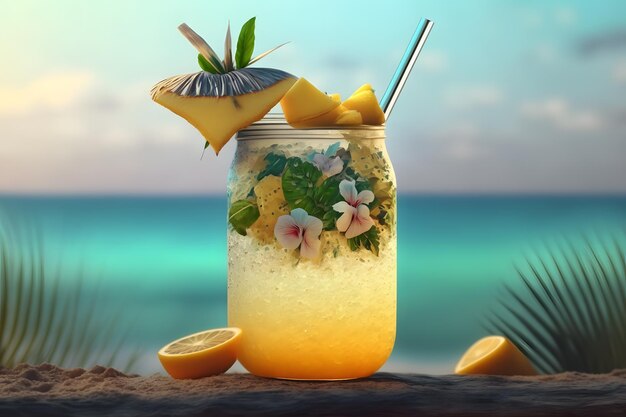 Bebidas tropicales frescas con hielo y frutas IA generativa