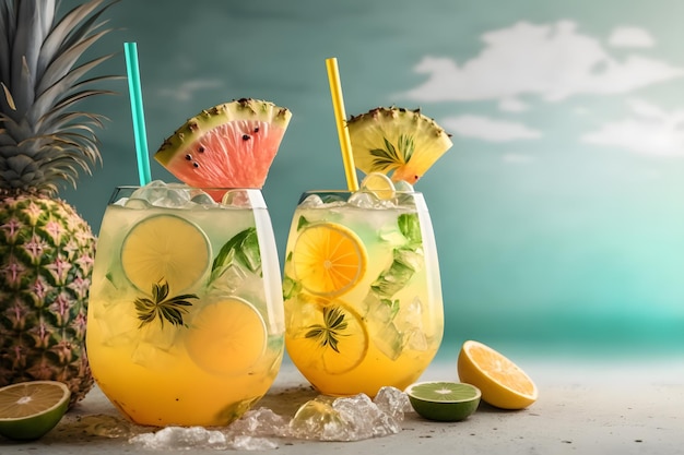 Bebidas tropicales frescas con hielo y frutas IA generativa