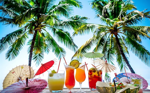 Foto bebidas tropicales en la mesa con palmeras en el fondo