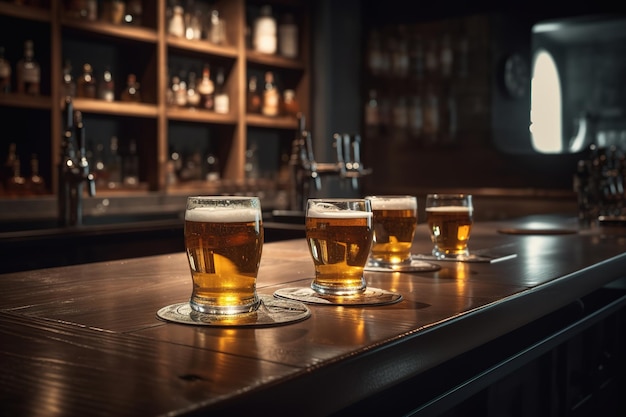 bebidas en vasos en el interior de la barra estética del mostrador con iluminación suave e impactante IA generativa