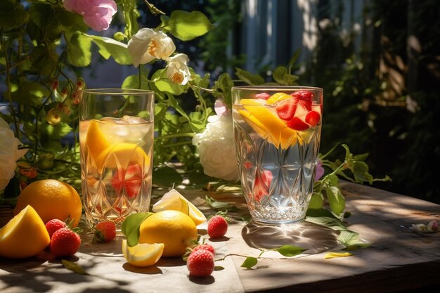 Bebidas de verano Bodegón con adornos de frutas frescas