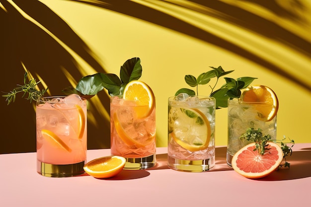 Bebidas de verano coloridas en un telón de fondo rosado con un helecho de sombra