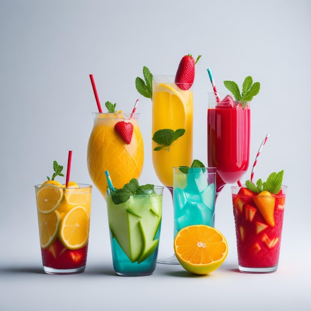 Foto bebidas de verano sobre fondo blanco color brillante ai generativo hiperrealista