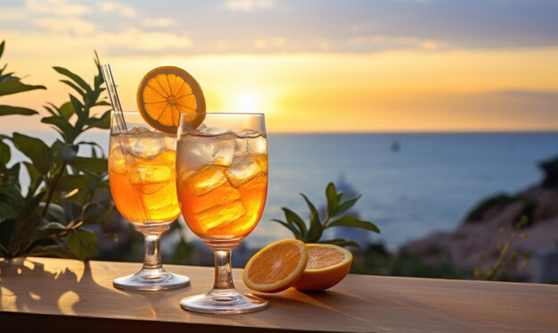 Bebidas vibrantes de verão em uma mesa de madeira com vista para o oceano Diversas bebidas coloridas com um cenário sereno do oceano AI Generative