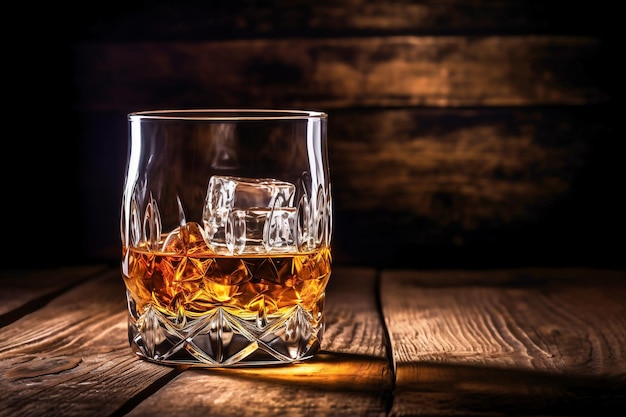 Bebidas de whisky Necesitas beber whisky con hielo, entonces el whisky sabe mejor que un barril de roble Bebida alcohólica con whisky helado o primer plano de coñac en el fondo de un barril de roble para envejecer