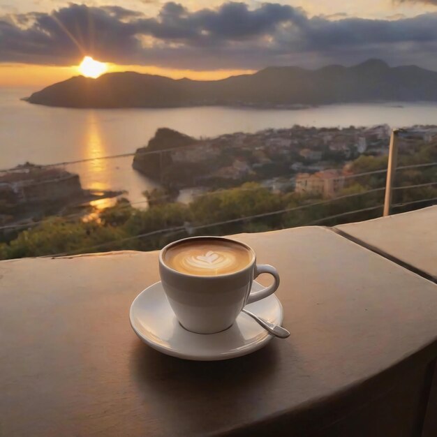 bebiendo en paz una taza de café con una vista de la puesta de sol