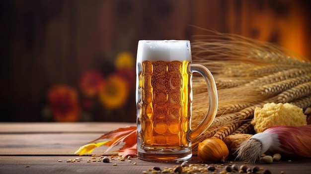 Becher Bier mit Gemüse auf einem Holztisch