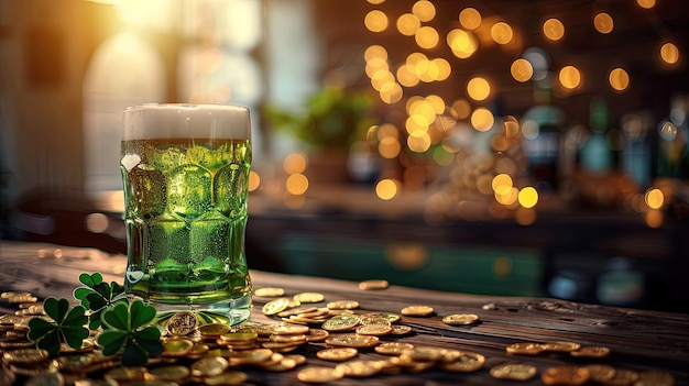 Becher grünes Bier, Goldmünzen und Kleeblätter auf der Theke eines irischen Pubs am St. Patrick's Day