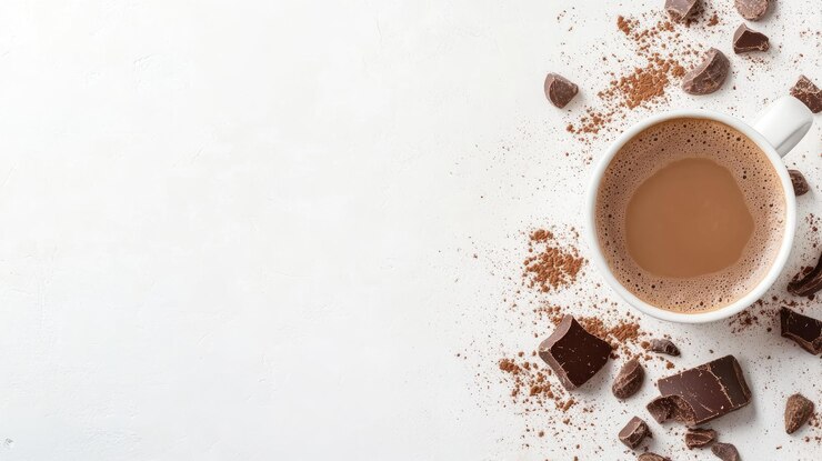 Foto becher heiße schokolade mit stücken auf weißer oberfläche