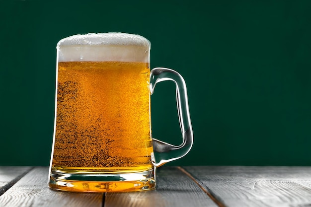 Becher helles Bier mit Schaum auf grünem Hintergrund Traditionelles irisches Getränk zur Feier des St. Patricks Day