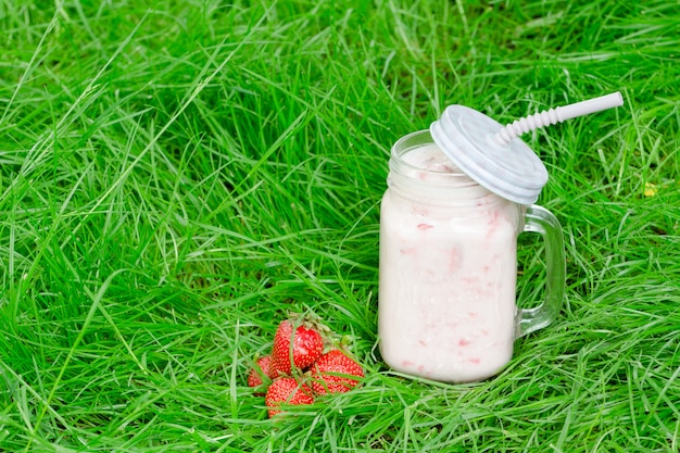 Becher Joghurt und Erdbeere auf grünem Gras.