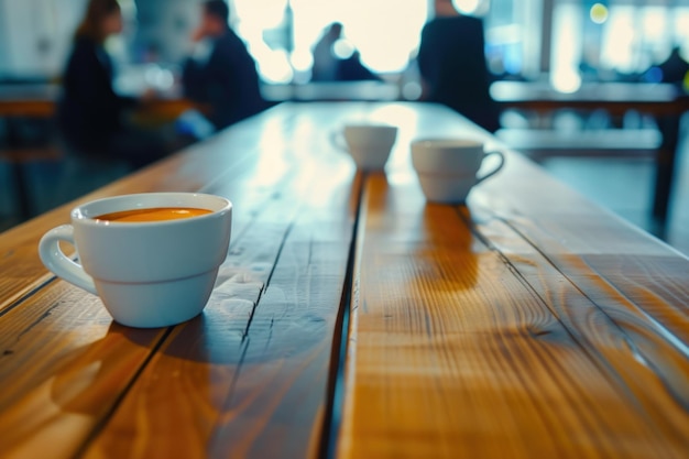 Becher Kaffee auf dem Bürotisch mit Menschen, die den Hintergrund treffen