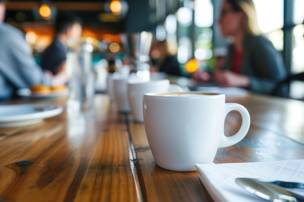 Becher Kaffee auf dem Bürotisch mit Menschen, die den Hintergrund treffen