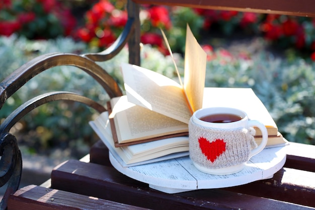 Becher mit heißem Getränk und Buch auf einer Bank im Freien