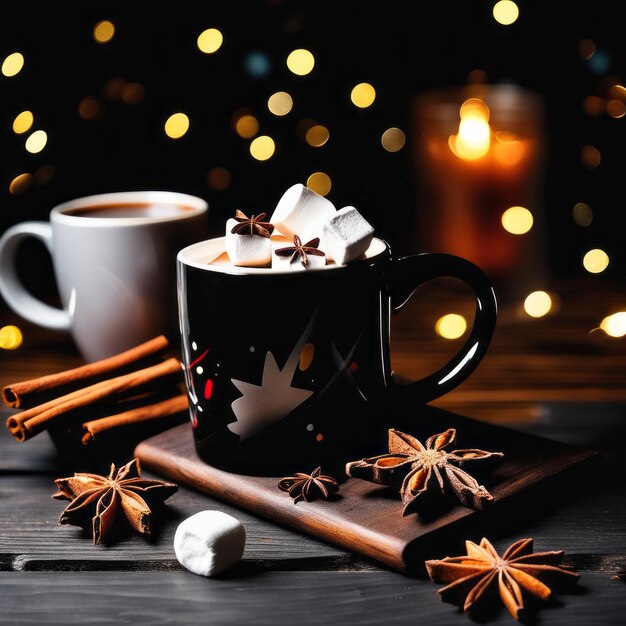 Becher mit Kakao und Marshmallows mit Zimt und Sternanis auf Weihnachtsschwarzem Hintergrund