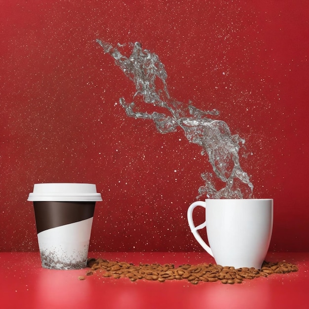 Becher-Mockup mit Kaffee-Splash, isoliert auf rotem Hintergrund