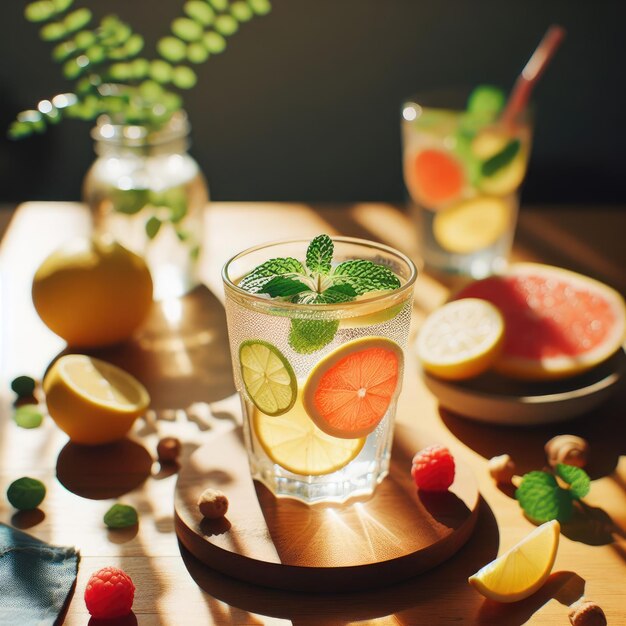 Foto becher trinken_glas essen essen_fokus obst garnierung zitrone zitrone_schneide limonade minze no_menschen sha