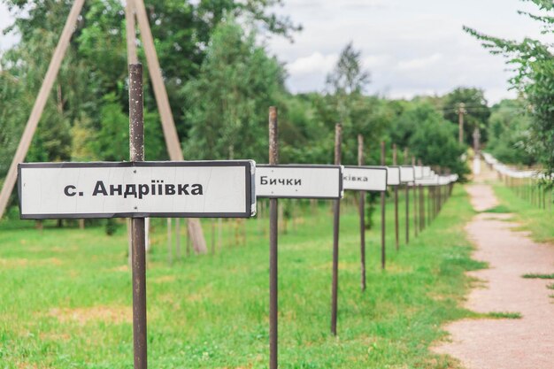 Beco com placas de aldeias cujos habitantes sofreram no desastre de Chernobyl