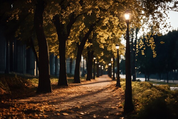 Beco do parque Beco do parque da cidade Longas sombras à noite Luz solar ao pôr do sol Foco suave AI gener