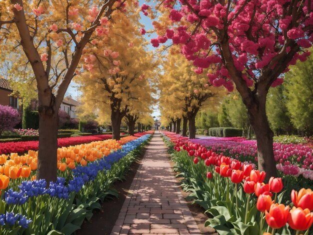 Beco entre tulipas coloridas Keukenhof Park Lisse na Holanda