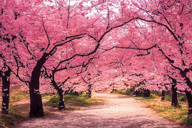 Beco florido de sakura rosa Parque maravilhoso com fileiras de árvores de sakura rosa florescendo Flores cor de rosa em árvores de sakura